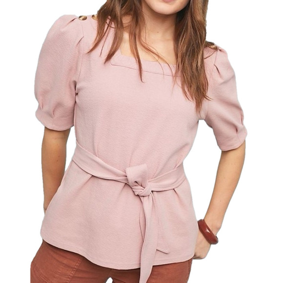 ANTHROPOLOGIE Pink CURRENT AIR Punk Puff Sleeve w/ Bow Top xs​​ classy​ - Picture 1 of 8